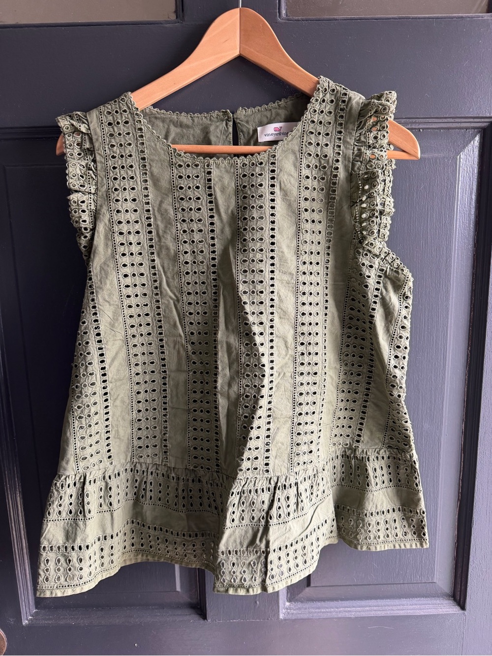 Vineyard Vines Olive Eyelet Ruffle Sleeve Tank Top